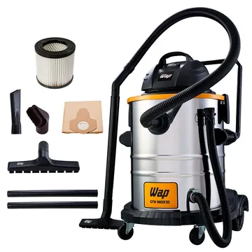 Aspirador de Pó e Água Profissional GTW 1600W 50 Litros 180 mbar em Aço Inox Com Dreno e Soprador 110V WAP-FW00557
